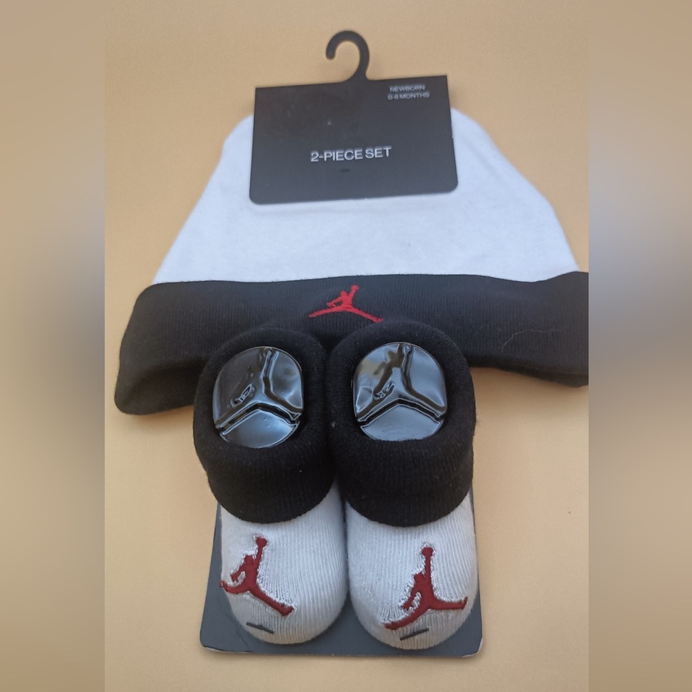 Newborn Jordan Black and White Baby Hat and Socks Set